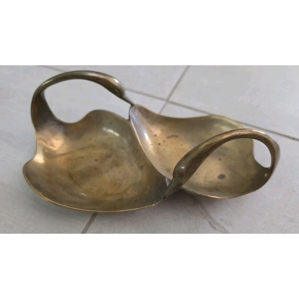 VTG Solid Brass Double Swan Dish GATCO India Trinket Candy Bowl Cottagecore SZ M
